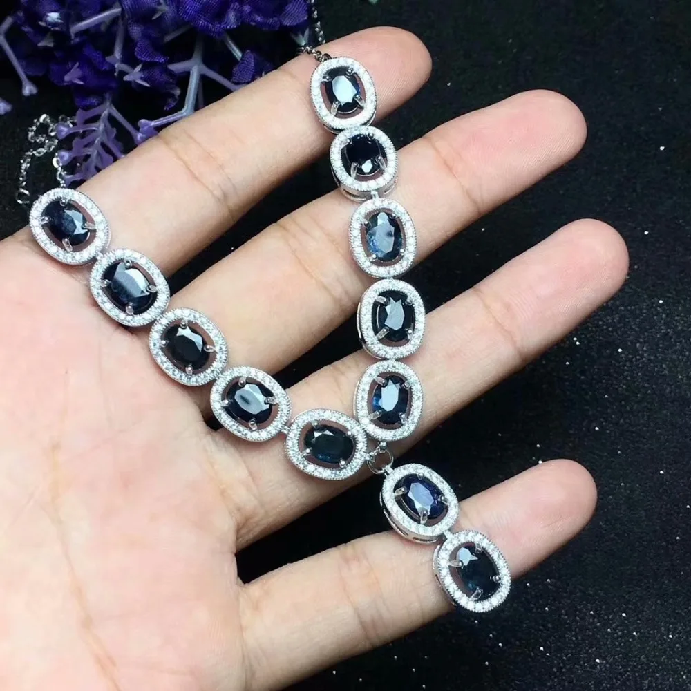 925 sterling silver natural black sapphire necklace 5 * 7mm inlaid with