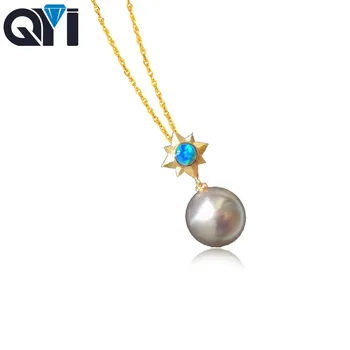 شراءQYI المرأة الذهب سلسلة 18 K الأصفر عقد ذهب ريال Natual سليكات الألمنيوم الأزرق الياقوت اللؤلؤ هدية رابط سلسلة