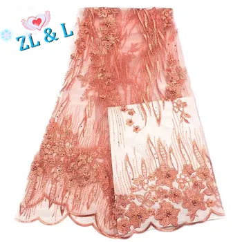 

New striped hot sale flower embroidery beads French mesh tulle African lace Nigeria lace wedding dress skirt 5 yards