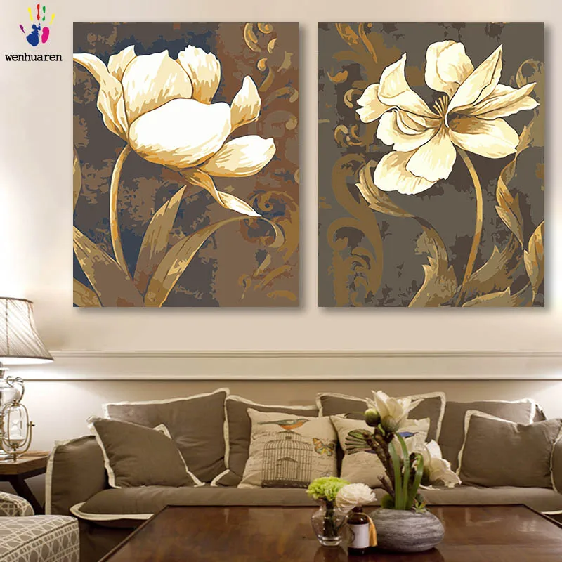 

DIY colorings pictures by numbers with colors White lotus picture drawing painting by numbers framed Home decor Two pieces