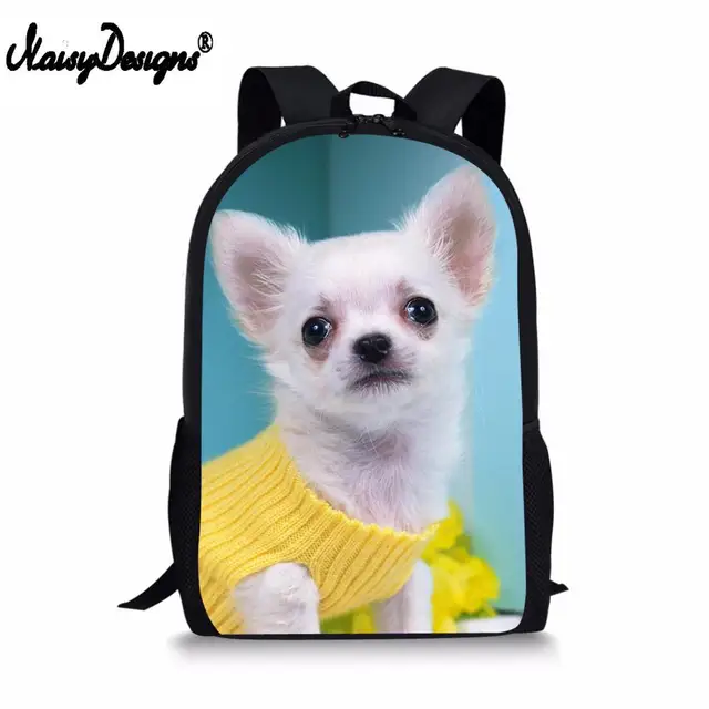 White Long Haired Chihuahua Dog Print Backpack Childrens School