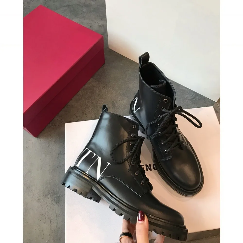 

Women Boots Shoes Woman High Ankle Boots Punk 2018 Autumn Winter Cow Leather Shoe Lace Up Black zapatos mujer