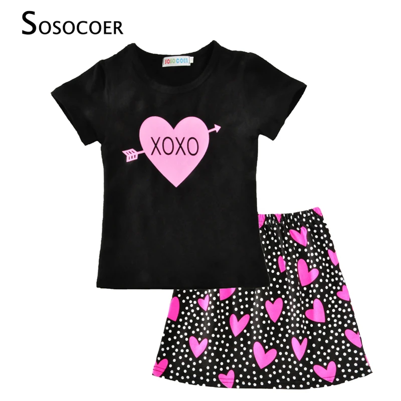 SOSOCOER Girl Clothing Set 2017 Summer Arrow T-shirt+Polka Dot Skirt 2pcs Little Girls Clothes Cute Heart Kids Baby Clothing Set