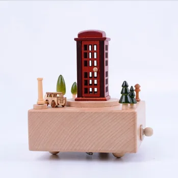 

Phone Booth Rotating Wooden Clockwork Square Base Music Box Imported Movement Home Furnishings Crafts Birthday Gift