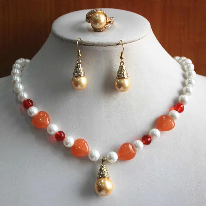 

engagement! Wholesale Women's 8mm white pearl mixed pink heart jade Necklace earring ring(7/8/9) jewelry set #233