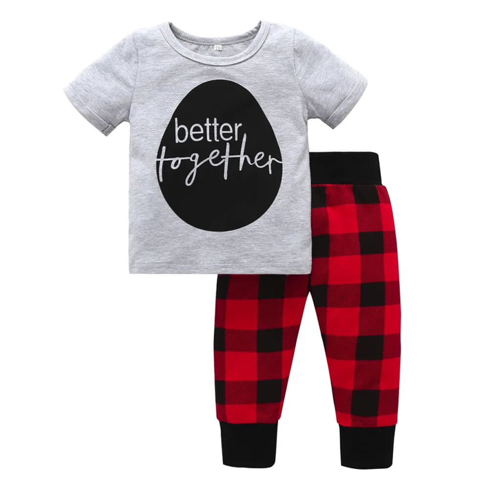 

Infant Newborn Baby Boys Girls clothing set Letter Print short sleeve Tops Shirt+Plaid Pant Outfits summer kit costume for kids