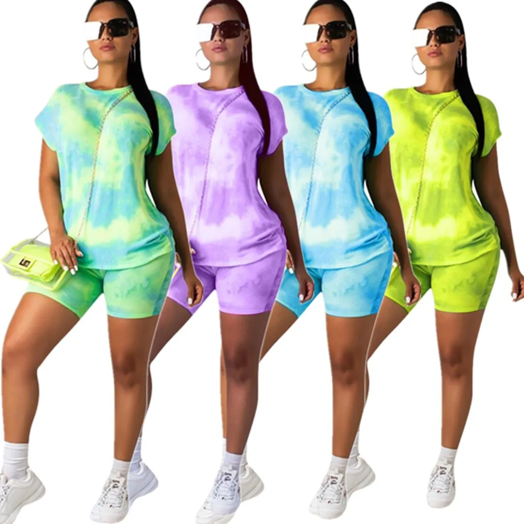 

2019 new women summer tie up galaxy print o-neck short sleeve tee top & shorts suit two piece set sporting tracksuit J6086