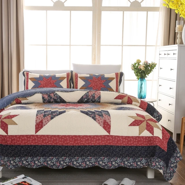 Free shipping 3pcs plaid embroidered American style patchwork quilt