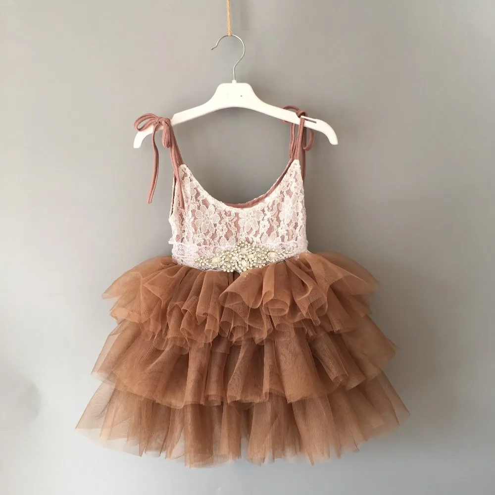 Элегантное кружевное платье на бретельках для маленьких девочек детское платье принцессы на день рождения платье-пачка со стразами и Поясом Вечерние платья для малышей