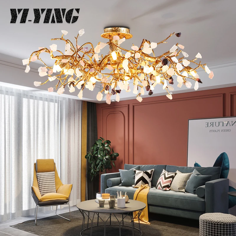 YI-YING Copper Tree Branch Living Room Lighting Luxury Simple Modern Bedroom Lighting Creative Dining Room Chandelier