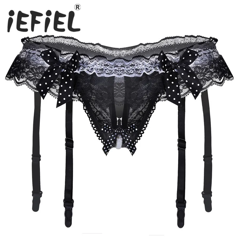 

Sexy Women Lingerie Crotchless Open Back Ruffle Lace Bowknot Low Rise G-string Underwear with Garters Underwear Underpants