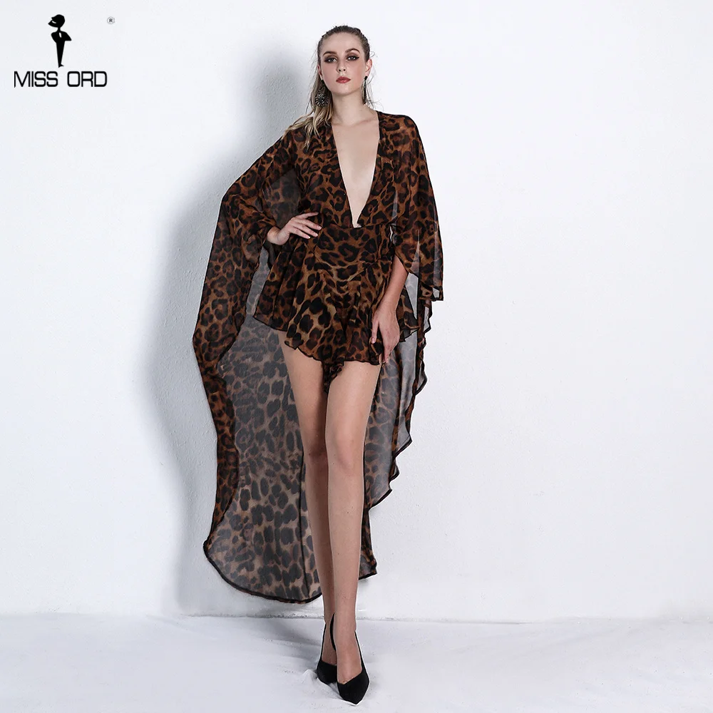 

Missord 2019 Sexy Deep V-Neck Open Back Cloak Style Leopard Chiffon Playsuit FT18550