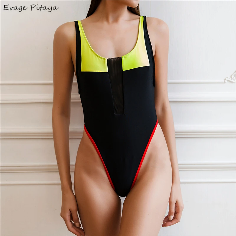 

Evage pitaya 2019 new swim suit women swimwear backless Mesh Patchwork High leg thong one piece swimsuit