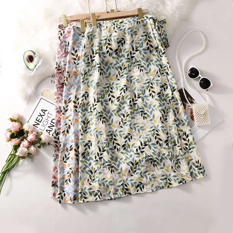 Summer style Casual irregularwomen beach boho skirt 2019 Green Floral Chiffon Printed Lotus Skirt Wrap lace-up skirts | Женская одежда