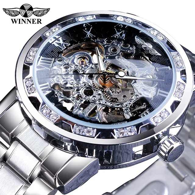 Winner Golden Watches Classic Rhinestone Clock Roman Analog Male Skeleton  Clocks Mechanical Stainless Steel Band Luminous Watch|Mechanical Watches| -  AliExpress