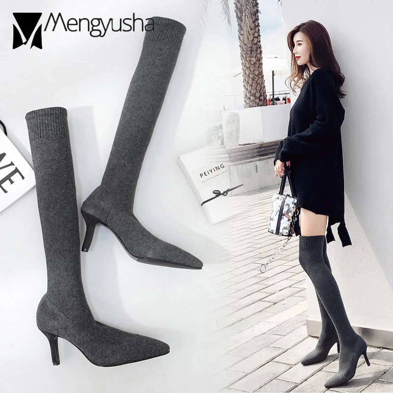 

Famous Brand Bling Boots Woman Stretch Over Knee Sock Boot SlimPointed Toe Thin High Heels Chelsea Boots Long Botas Winter Shoes