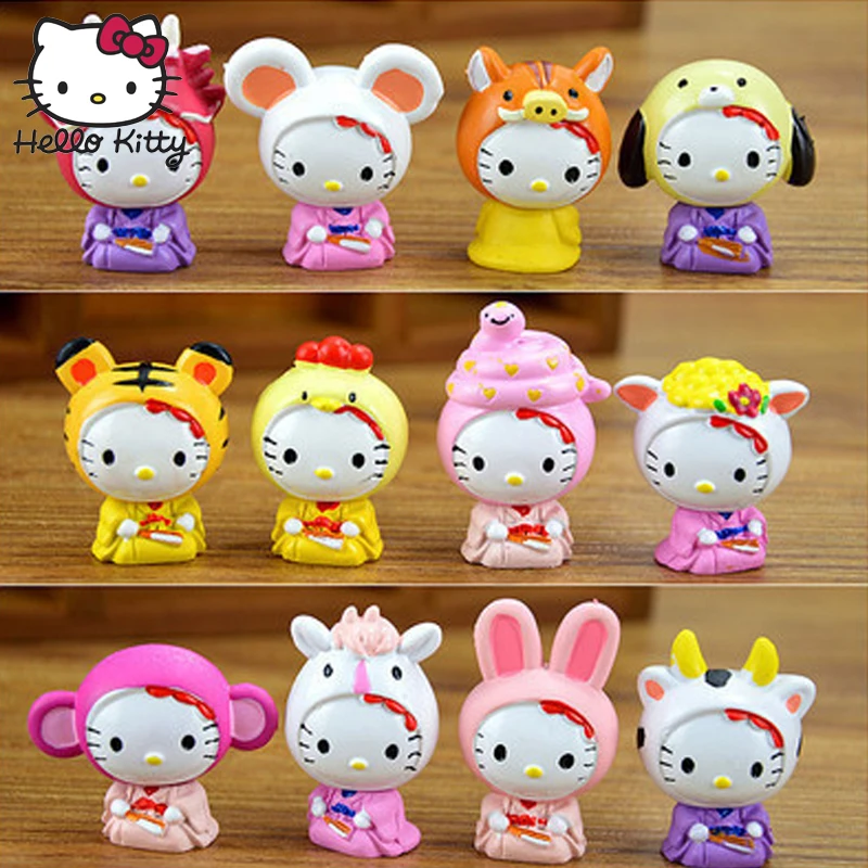 12pcs/set Hello Kitty Figure Toys KT Cat Japanese Anime Figures Gift Limited Edition Toys Collection Gifts Kids Hand to do Car