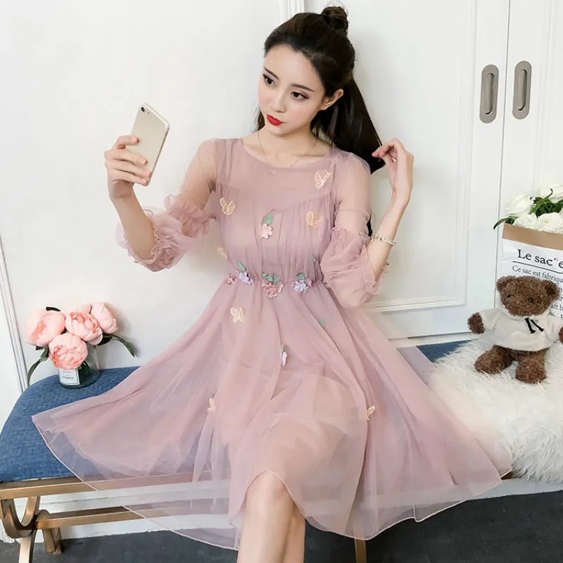 

Fashion Elegant 3D Flower Maternity Pleated Dresses Mess Lanterns Sleeve Slim Waist Pregnancy Dresses Charming Party Clothes