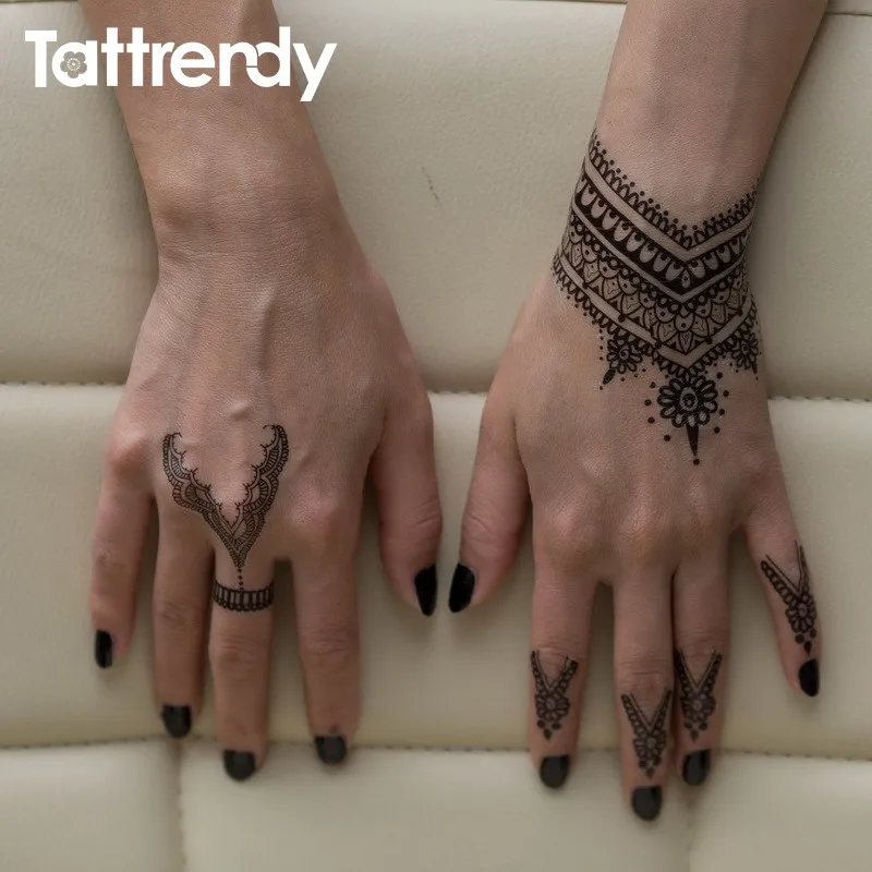 Tattrendy Горячая черно-белая хна татуировки наклейки флэш временные водонепроницаемые кружева вдохновили тело индийская рука бабочка Ловец снов