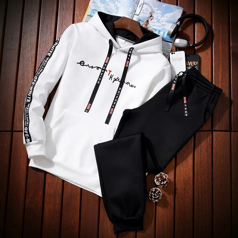 2019 Autumn New Men's High Street Hoodies Sweatpants Sets Male Solid Color Zipper Hooded Pullover sweat portswear Tracksuit Set 2019 Autumn New Men's High Street Hoodies Sweatpants Sets Male Solid Color Zipper Hooded Pullover sweat portswear Tracksuit Set