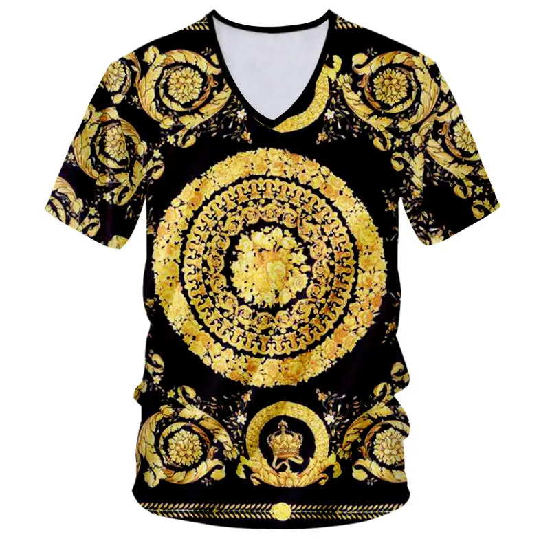 

Plus size 7XL Summer Men Tee Shirt Harajuku 3d Gold Flower Luxury Print T-Shirt Unisex Sexy V-neck Baroque Royal Noble Clothing