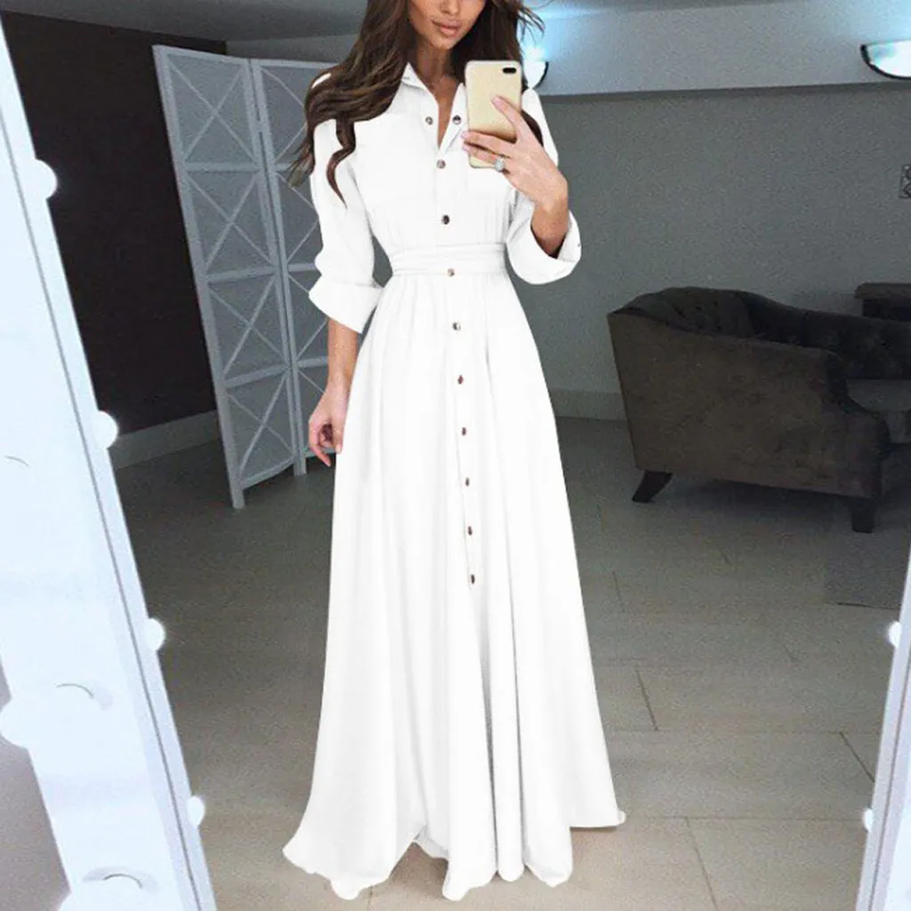 

AYCOSIN 2019 New Summer Dress Women Sexy Fashion Long Sleeve Sashes Slim Lapel Maxi Long Solid Shirt vestidos robe femme 9703