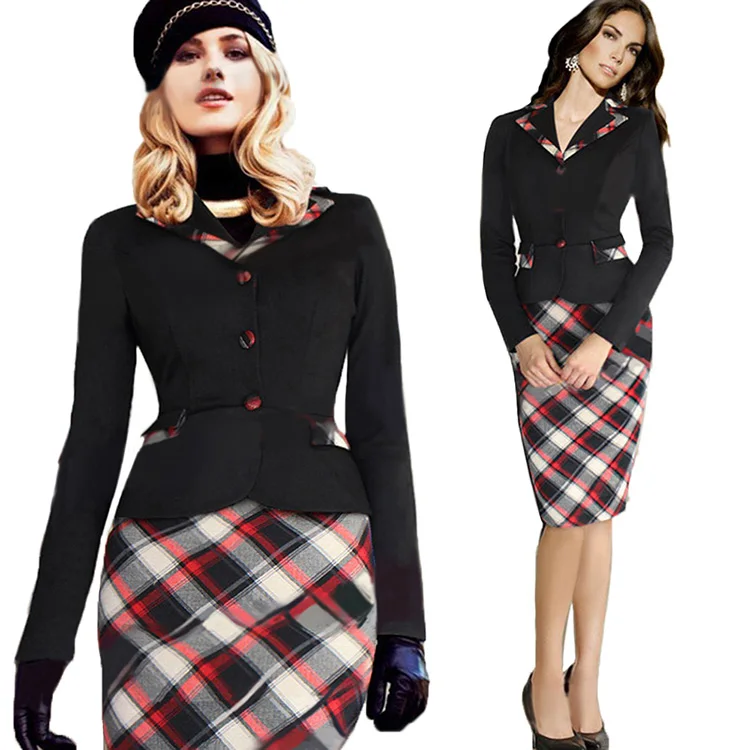 2015 Women Summer Elegant Belted font b Tartan b font Patchwork Sexy Long Sleeve Slim Plaid