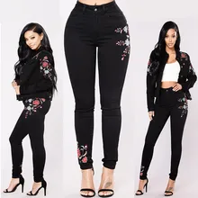 Для женщин Высокая талия цветочный зауженные джинсы мягкая и удобная обувь брюки женские вышитые джинсы джинсовые штаны L50/0130