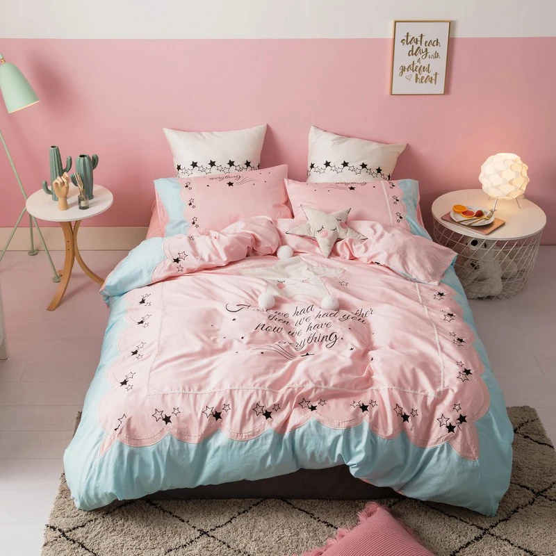 

Luxury 80S Egypt Cotton Lovely Pentagram Bedding Set Embroidery Ruffles Duvet cover Bed Sheet Pillowcases Queen King size 4Pcs