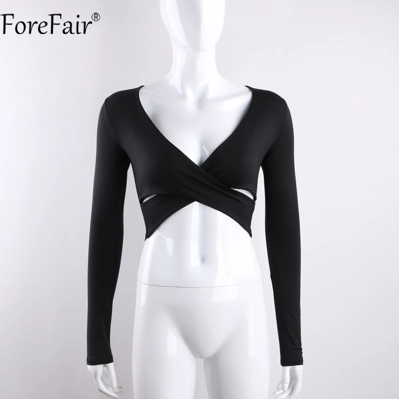 ForeFair тренд крест сексуальный укороченный Топ для женщин обертывание тонкие Топы Черный Белый Осень Зима футболка с длинным рукавом для женщин - Цвет: black