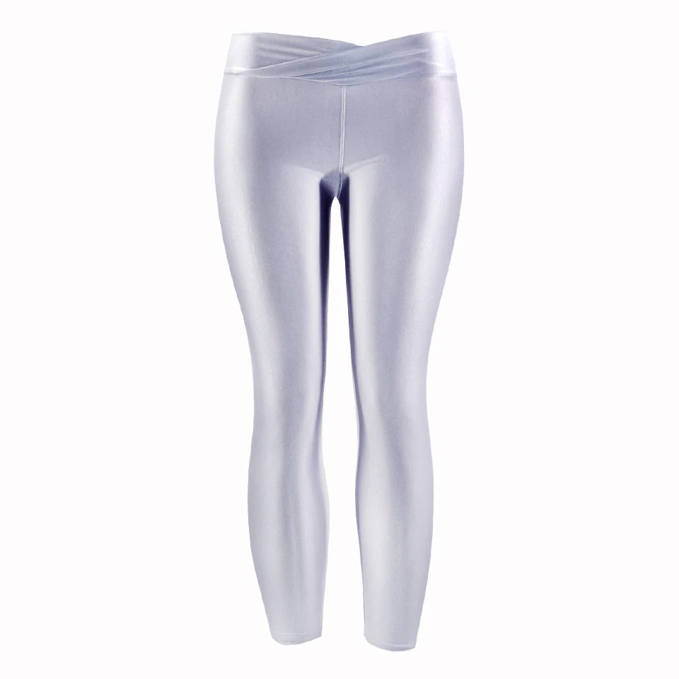 Fluorescent Color Women Workout Leggings V-Waist Multicolor Shiny Glossy Trousers Plus Size Female Elastic Casual Pants