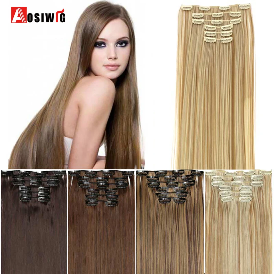 AOSIWIG 24'' Long Straight Hair Extension 6 pcs/set 16 Clips In On Hair
