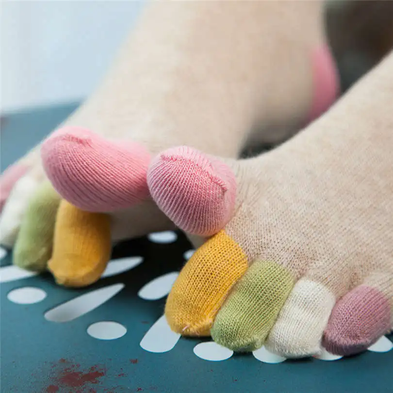 New Fashion Winter Women Girls Casual Daily Print Multicolor Mid Tube Toe Socks Five Finger Sock Cotton  Socks #4F03 (11)