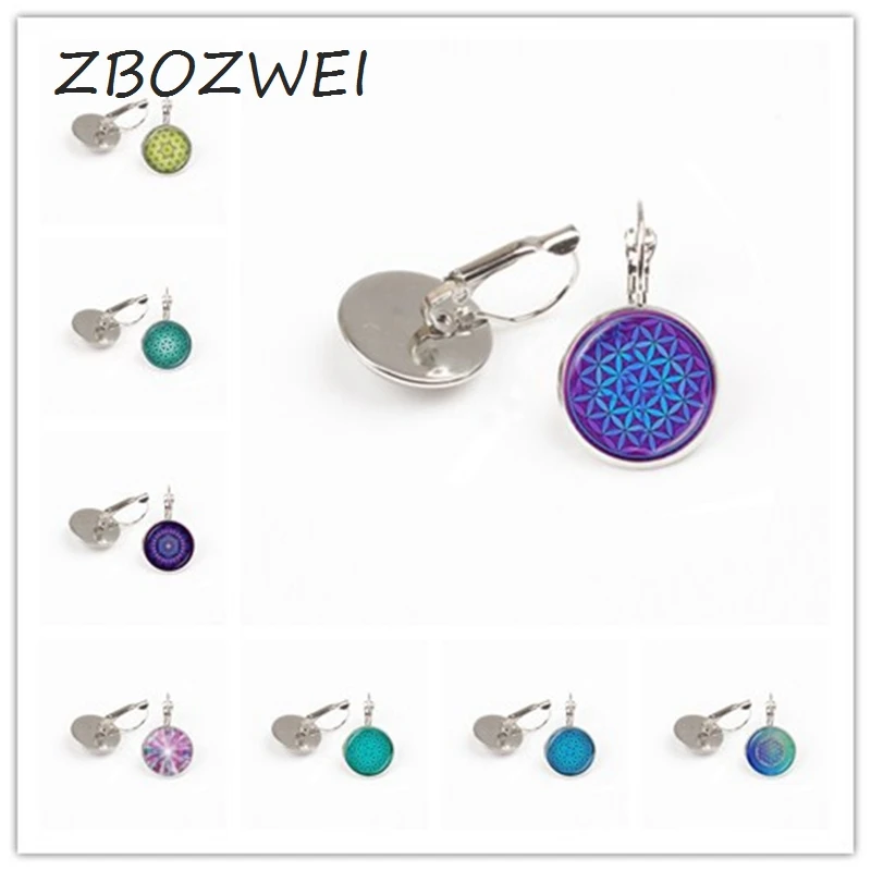 

ZBOZWEI 2018 Flower of Life earring Om Chakra Flower Mandala Jewelry Sacred Geometry earring Cabochon Time Gem Spiritual earring