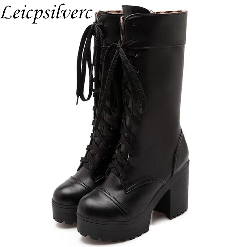 

Women Boots Autumn Winter Warm New Sexy Fashion Pu Lace-up Platform Mid-calf Motorcycle Boots Black White High-heeled Shoes