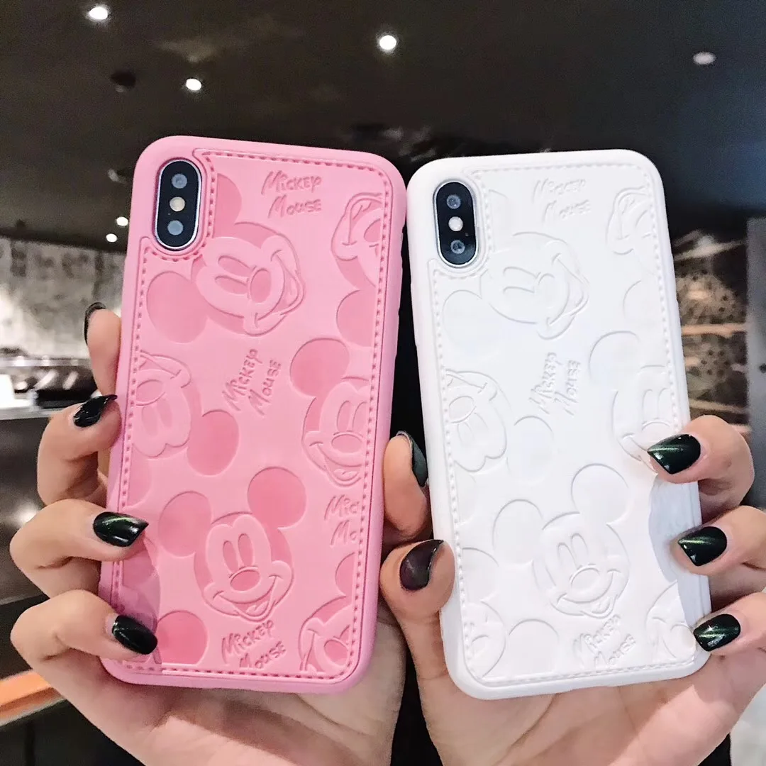 

Hot High quaity Leather Mickey Mouse Case For iPhone XR X XS MAX 7 8 6 S 6S plus fashion white Happy Disneys cartoon soft Cover