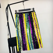 Новая блестящая юбка миди с высокой талией и блестками, женские юбки Faldas, элегантные тонкие блестящие юбки в стиле пэчворк с блестками