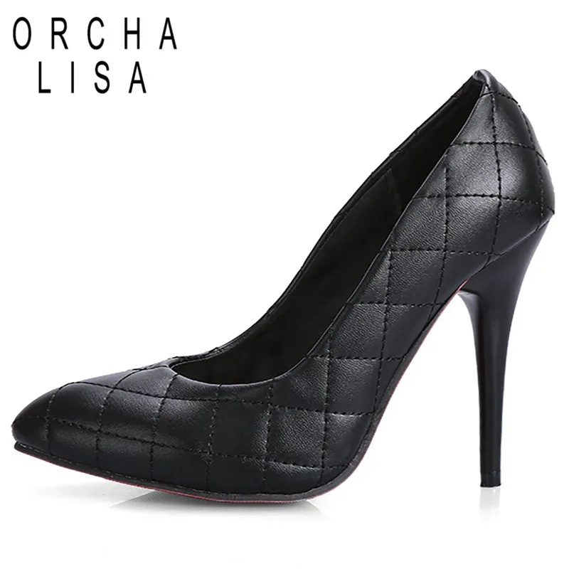 

ORCHA LISA Women High heel Shoes 8cm stilettto heels Pumps Pointed toe Slip on quilted Solid Black White Plus size 46 OL Shoes