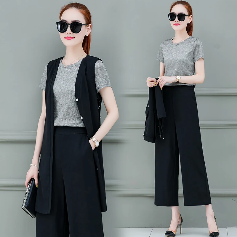 

Three-piece dress wide-legged pants chiffon big yards sank sense of western style fashion suits summer wear new han edition temp