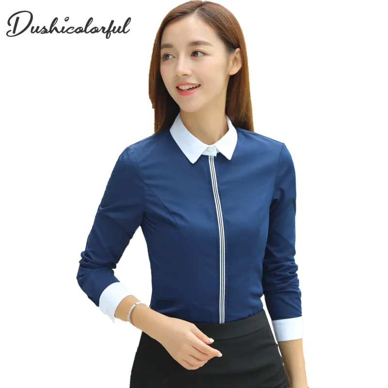 Модная женская хлопковая рубашка осень 2019 новая темно-синяя белая формальная элегантная женская блузка Офисная Рабочая одежда плюс размер