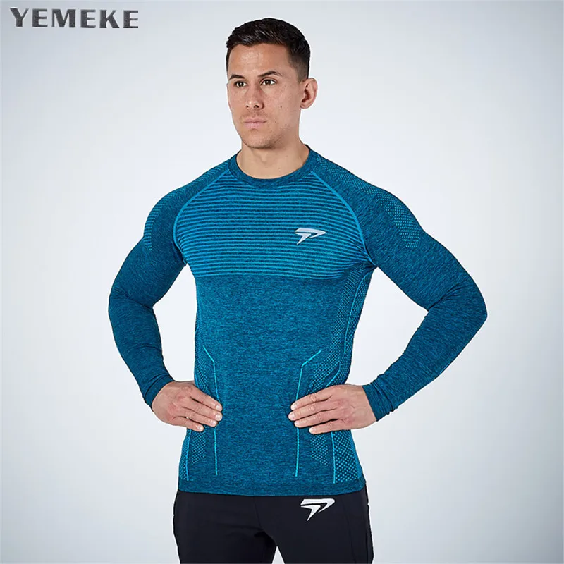 YEMEKE Newest workout fitness men long sleeve t shirt men muscle