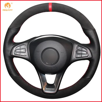 

MEWANT Black Genuine Leather Black Suede Red Marker Car Steering Wheel Cover for Mercedes Benz C180 C200 C260 Accessories Parts