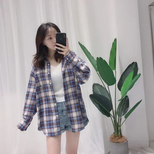 Meimei xia 2 color joker classic loose plaid shirt female 2019 spring new style han edition thin coat big discount |