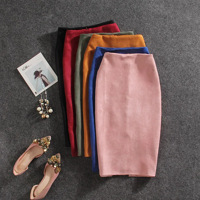 Демисезонный Новое поступление Для женщин Вечернее одноцветное юбка-карандаш Высокая растянуть Разделение Тонкий колен замшевые юбка-карандаш