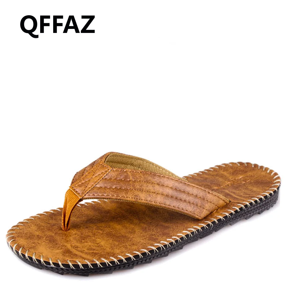 QFFAZ Arrival Summer Cool Men PU Leather Flip Flops British Style Boardered Beach Sandals Male Slippers Zapatos Hombre |