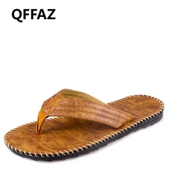 

QFFAZ Arrival Summer Cool Men PU Leather Flip Flops British Style Boardered Beach Sandals Male Slippers Zapatos Hombre