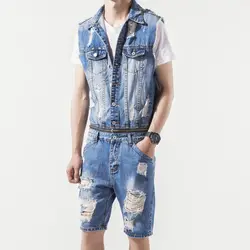 2019 летние Для мужчин Denim отверстия рваные комбинезоны короткий комбинезон без рукавов модные джинсы мужской Однобортный шорты слитный