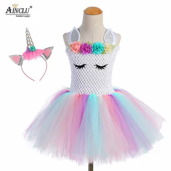 

1-14Y Flower Embroidery Girls Unicorn Tutu Dress Pastel Rainbow Birthday Party Tulle Dress with Headband Child Holidays Costume
