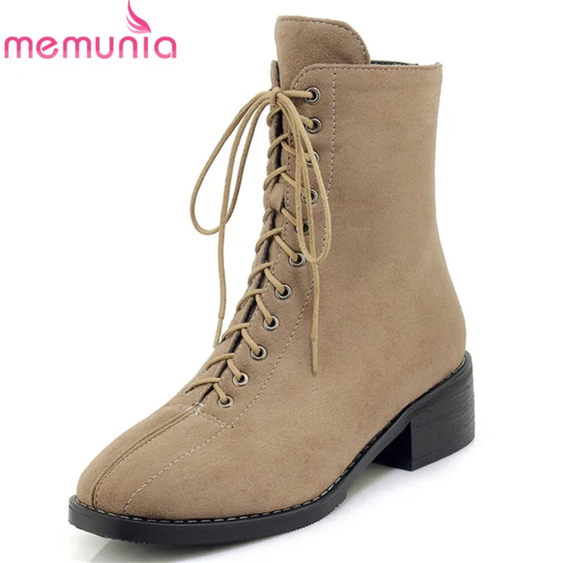 

MEMUNIA 2020 newest flock ankle boots women lace up +zipper autumn boots square toe fashion casual shoes woman big size 33-43