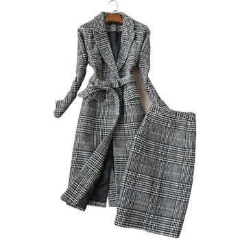 

2018 New Autumn and Winter Women's Long Plaid Wool Coat Slim Jacket + High Waist Pencil Skirt Two Piece Professional Skirt Suit